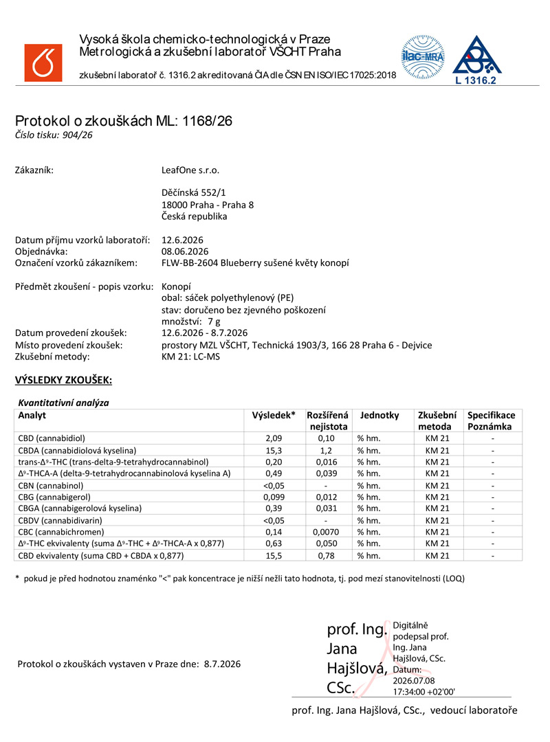 Certifikat LeafOne CBD květy Blueberry