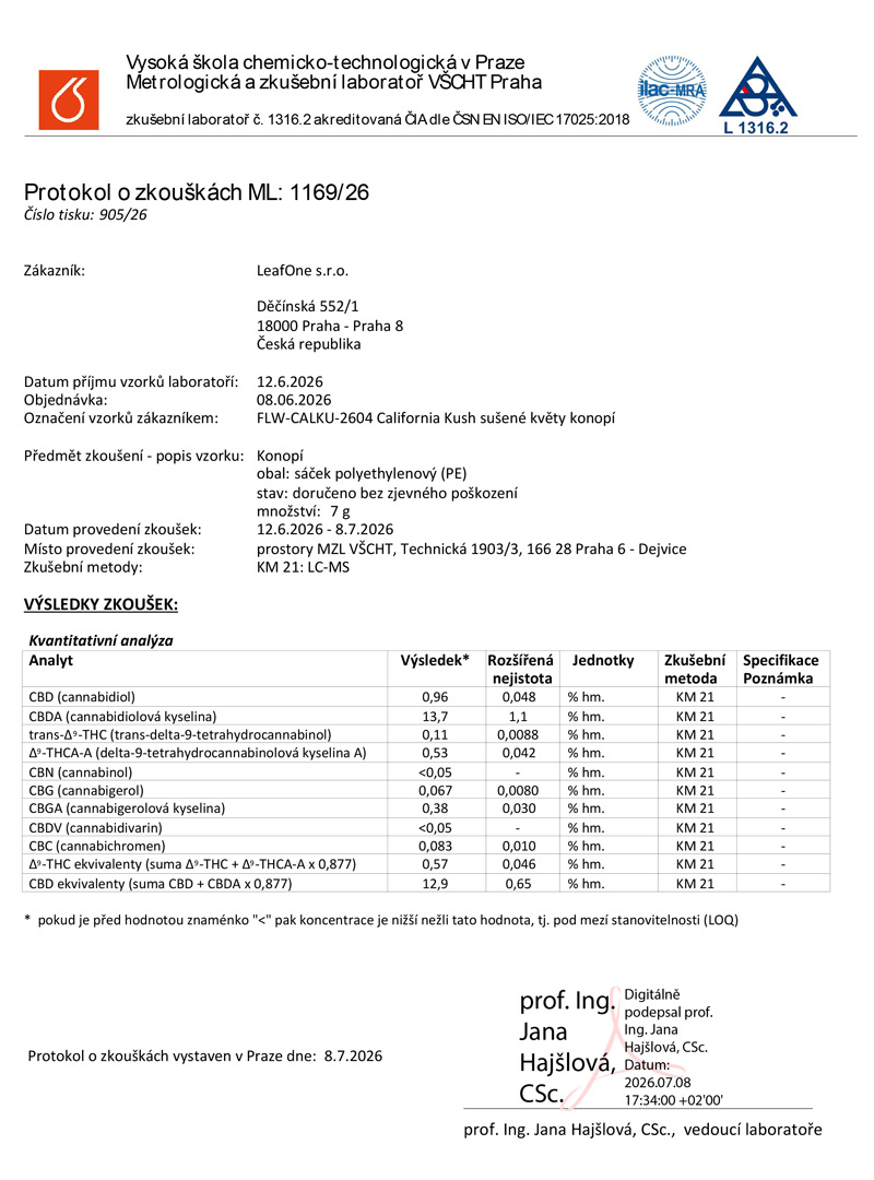 Certifikat LeafOne CBD květy California Kush