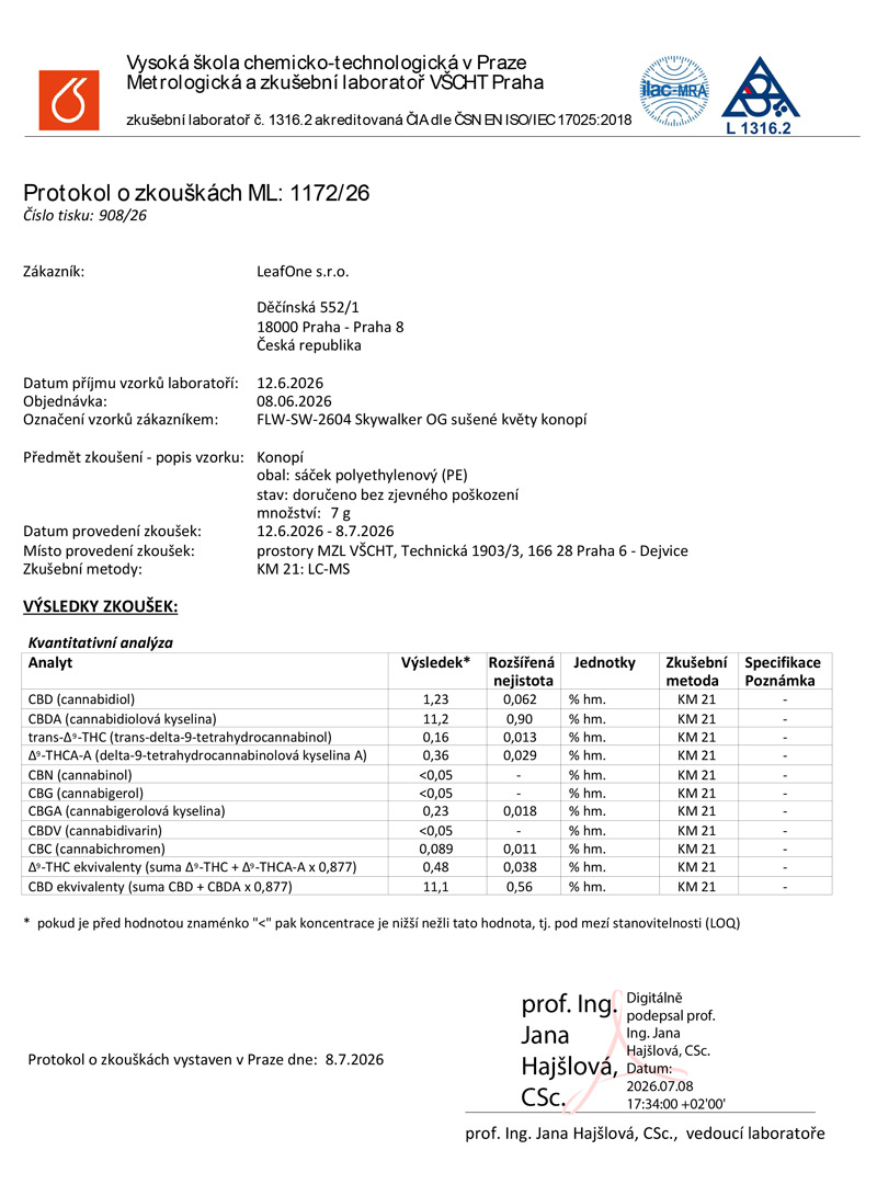 Certifikat LeafOne CBD květy Skywalker OG