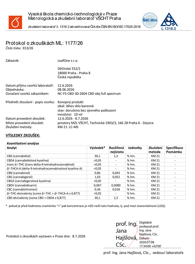 Certifikat LeafOne CBD olej full spectrum 30%