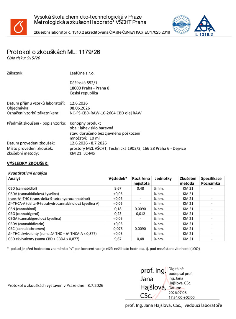Certifikat LeafOne CBD olej RAW 10%