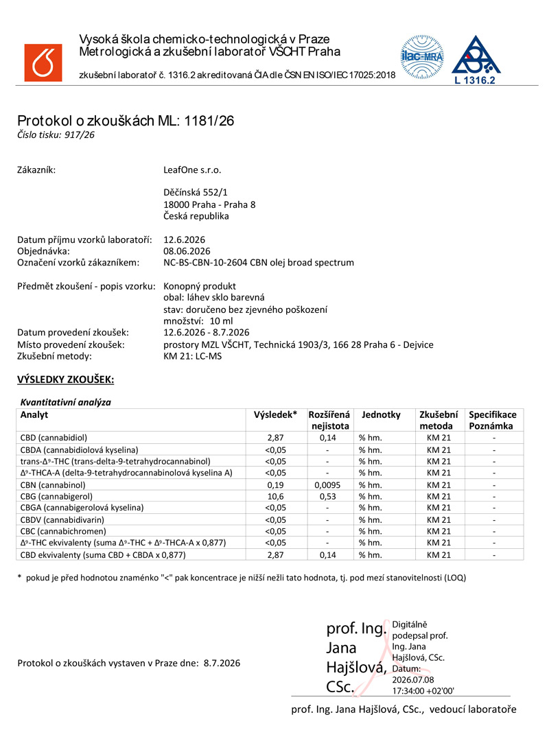 Certifikat LeafOne CBN olej Broad spectrum 10%
